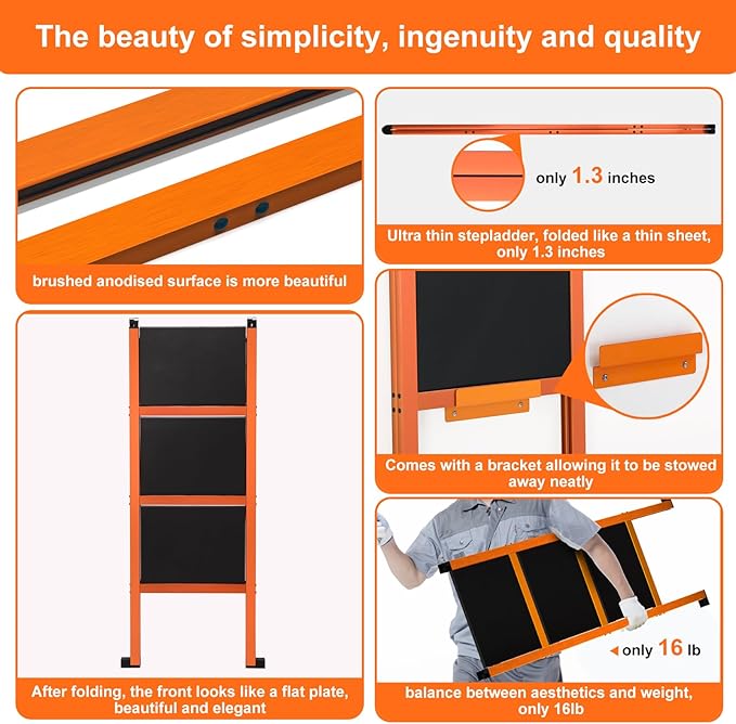 3 Step Ladder,Aluminum Ultra Thin Folding Step Stool,400 Lbs Capacity Heavy Duty with Anti-Slip Sturdy and Wide Tread,Closet Slim Step for Home,Kitchen and Office,Space Saving (Orange, 3-Step)