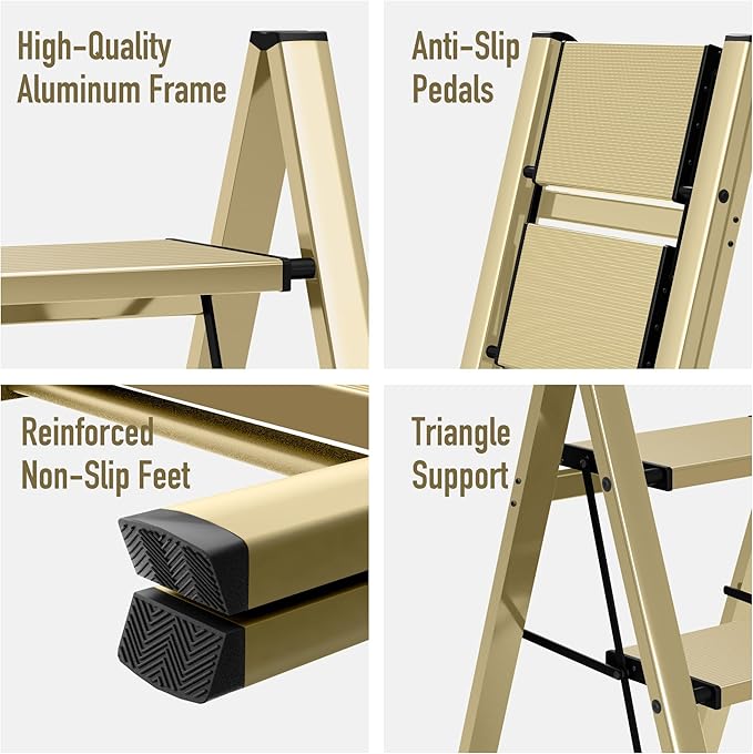 3 Step Ladder,Aluminum Folding Step Stool for Adults,Step Ladder with Wide Anti-Slip Pedal,330 lbs Capacity for Home,Office,Kitchen,Library(Gold)