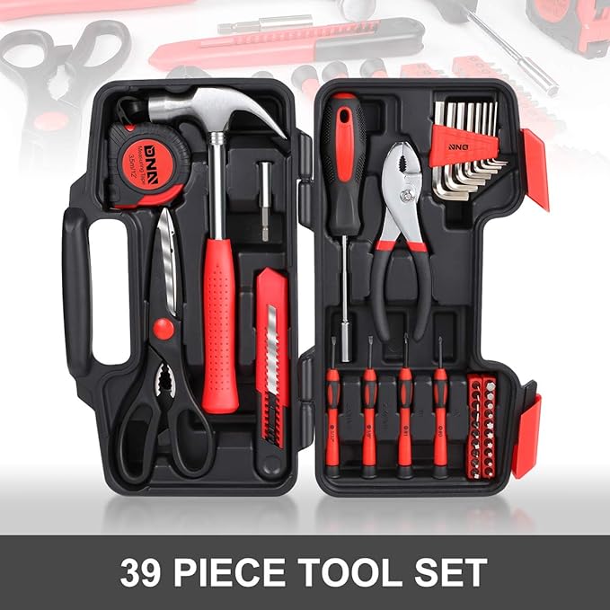 DNA MOTORING 39-Piece Household Tool Set General Repair Small Hand Tool Kit Storage Case for Home Garage Office College Dormitory Use, Red, TOOLS-00006