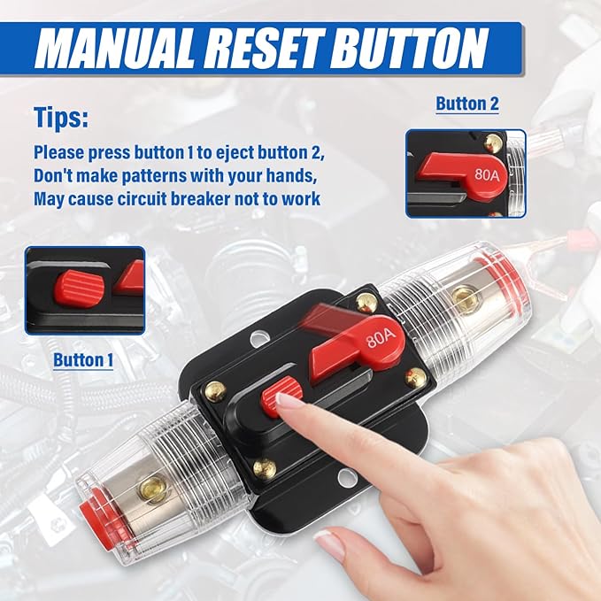 BOJACK 80A Audio Inline Circuit Breaker Reset Fuse Holder 12-24V DC Manual Reset Fuse Holder 3-15 AWG Overload Protection for Car Audio Sound Amplifier System RV Marine Boat Truck Solar Inverter
