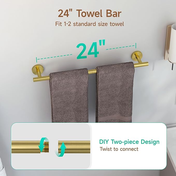 USHOWER Brushed Gold Bathroom Accessories Set, 24-Inch Towel Bar Set Wall Mounted, Durable SUS304 Stainless Steel Bathroom Hardware Set, 4-Piece