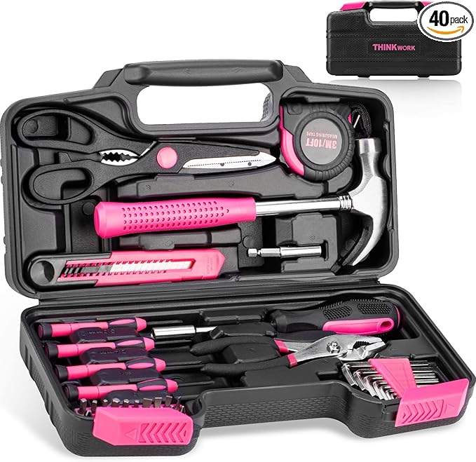 THINKWORK Pink Tool Set - 40 Piece General Household Hand Tool Kit with Storage Toolbox, Small Basic Tool Set Perfect for DIY, Home, Office, Garage and College Dormitory Use - Christmas Gift for Women