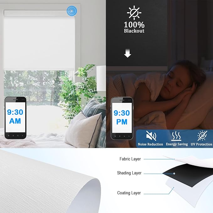 Motorized Blinds with Remote Cordless Automatic Motorized Shades Custom Blinds for Windows Smart Curtains Compatible with Alexa Google Home(Blackout Jacquard White,Custom Size)
