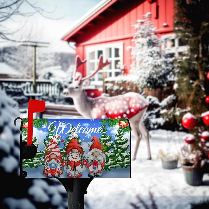 Winter Gnomes Welcome Mailbox Cover Magnetic Standard Size Snow Pine Tree Mailbox Cover Snowflake Post Mailbox Wraps Waterproof Xmas Decor for Yard Garden 18 X 21 Inch