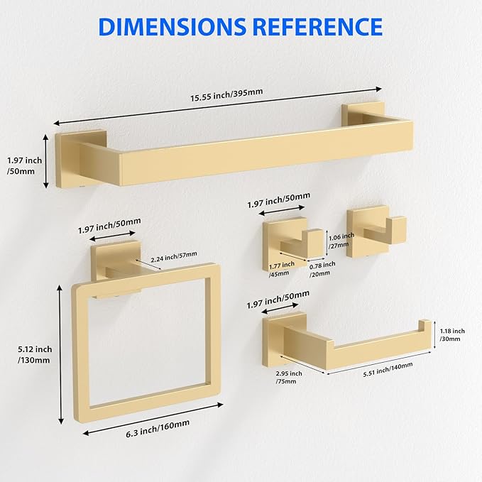 Brushed Gold 5-Pieces Bathroom Hardware Set, SUS304 Rustproof Steel 16" Rectangle Bathroom Towel Racks Accessories Set, Luxury Hotel Grade Organization Hardware Kit