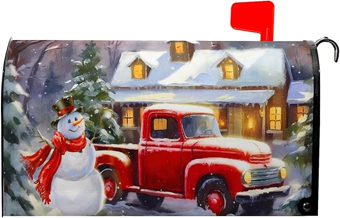 Winter Snowman Mailbox Covers Magnetic Large Size Merry Christmas Truck Mailbox Cover Pine Tree Snow Mailbox Wraps Mailbox Post Cover Oversized Graden Decor Waterproof 25.5 X21 Inch