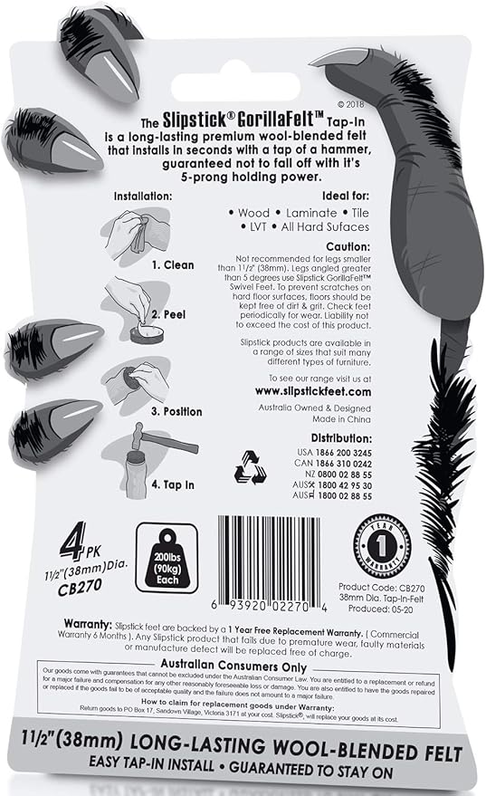 GorillaFelt CB270 Furniture Feet Floor Protectors/Felt Glides (Set of 4) Tap On Felt Furniture Pads Guaranteed to Stay On, 1-1/2 Inch Round Sliders