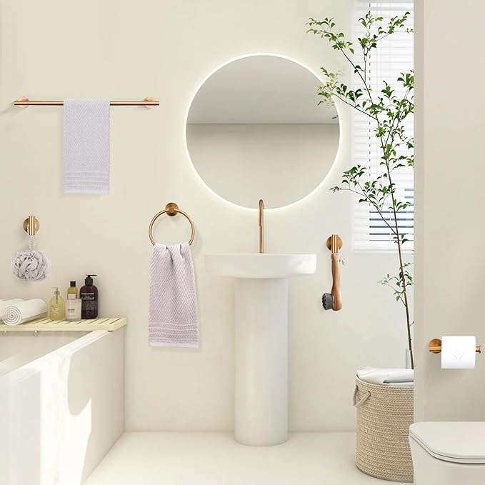 TURS Brushed Rose Gold 5 Piece Bathroom Hardware Set, SUS304 Stainless Steel 23.6 Inch Bath Towel Bar Set, Round Bathroom Accessories Kit Wall Mounted