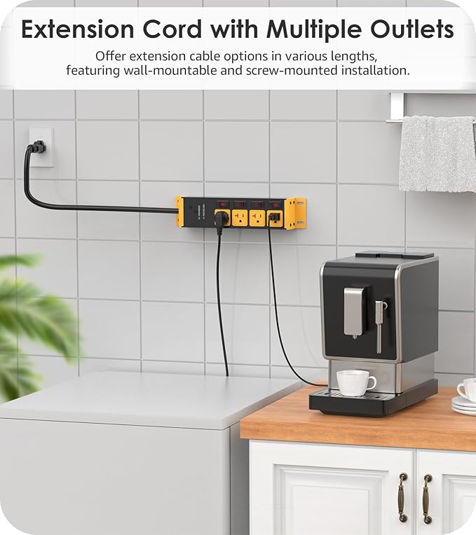 CCCEI Heavy Duty Surge Protector Power Strip 20 Amp Individual Switches. 6FT 12 Gauge Extension Cord with Multiple Outlets. Kitchen, Garage, Shop, Industrial Wall Mount Electric Extender, Yellow.