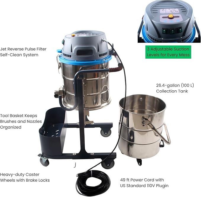 SM100 Industrial Wet/Dry Vacuum with Jet Pulse Filter Cleaning Function, 26.4-Gal Tank, 212 CFM, 120" Water Lift, HEPA Filtration, Detachable Squeegee