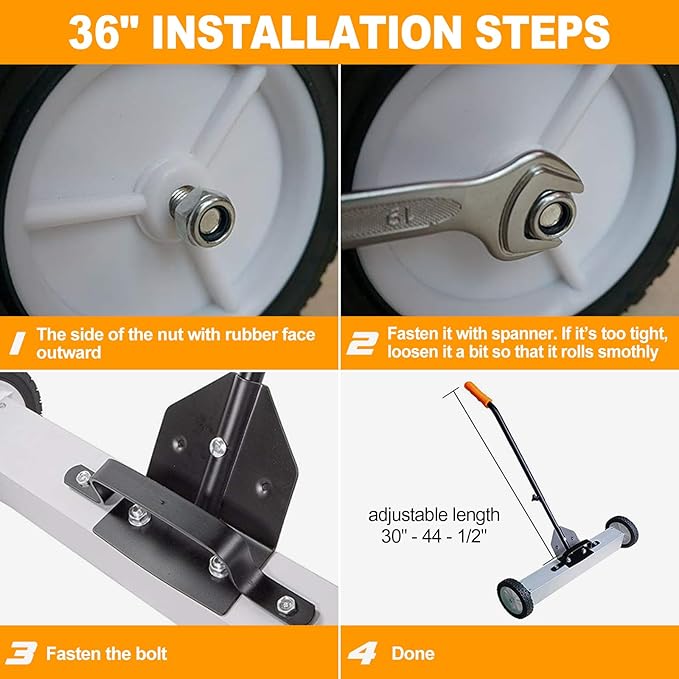 Toolwiz 36'' Magnetic Sweeper with Wheels, 50 Lbs Capacity Rolling Magnetic Floor Sweeper with Telescoping Holder and Quick Release Latch Industrial Heavy Duty Metal Pick Up 18/24/36 Inches