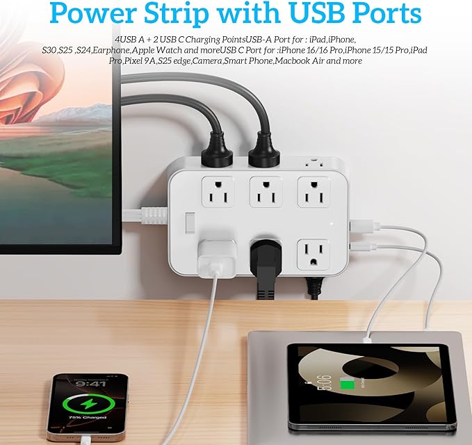 Flat Plug Power Strip Surge Protector with 12 AC Outlets 6 USB Ports 3 Side Multi Plug Outlet Extender 10 Ft Extension Cord for Home Office Kitchen Dorm Wall Desk Charging Station ETL Listed