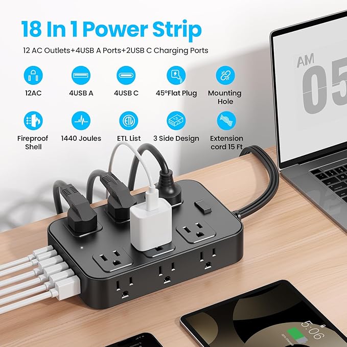 Flat Plug Power Strip Surge Protector with 12 AC Outlets 6 USB Ports 3 Side Multi Plug Outlet Extender 15 Ft Extension Cord for Home Office Kitchen Dorm Wall Desk Charging Station ETL Listed