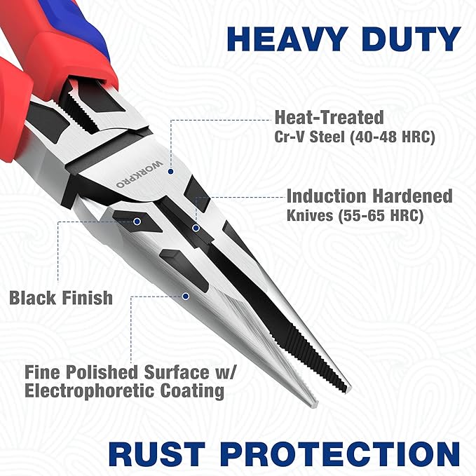 WORKPRO Premium 6” Needle Nose Pliers, Paper Clamp Precision, Heavy-Duty CRV Steel, Soft Grip with Wire Cutter, Long Nose Cutting Pliers