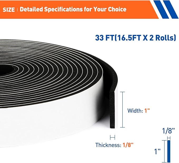 MAGZO Weather Stripping Door Seal, 1 Inch Wide X 1/8 Inch Thick Adhesive Foam Tape Soundproof Weatherstripping for Windows, 2 Rolls Total 33FT Black