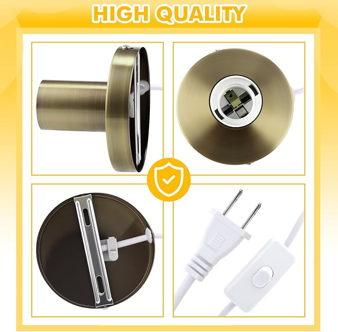 Tuanse 2 Pcs Polished Metal Desktop Lamp Base E26 E27 Screw Light Bulb Holder Sockets Night Light Base Lamp Replacement for Holding Bulb 6 Feet Cord on Off Switch Plug(Bronze,Aluminum)