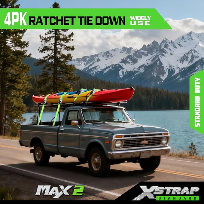 XSTRAP STANDARD Ratchet Tie Down Straps 4 Pk 15Ft- 500 Lbs Load Cap- 1500 Lb Break Strength-Cargo Straps for Moving Appliances, Lawn Equipment, Motorcycle
