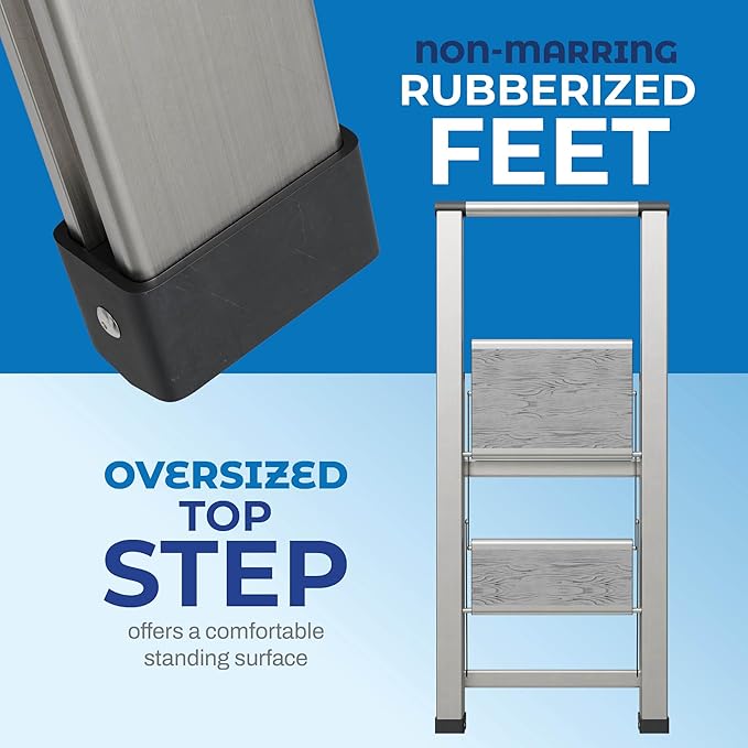 Step Ladder 2 Step Folding, Decorative - Beautiful Gray Wood & Silver Aluminum, Ultra Slim Profile, Anti Slip Steps, Sturdy-Portable for Home, Office, Kitchen, Photography Use,by SORFEY