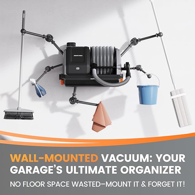 Giraffe Tools Grandstorm Retractable Vacuum Cleaner Wall-Mounted, Shop Wet Dry Vacuum Cleaner with 6 Nozzles for Car Detailing Remote Control Garage Vacuum, Grey