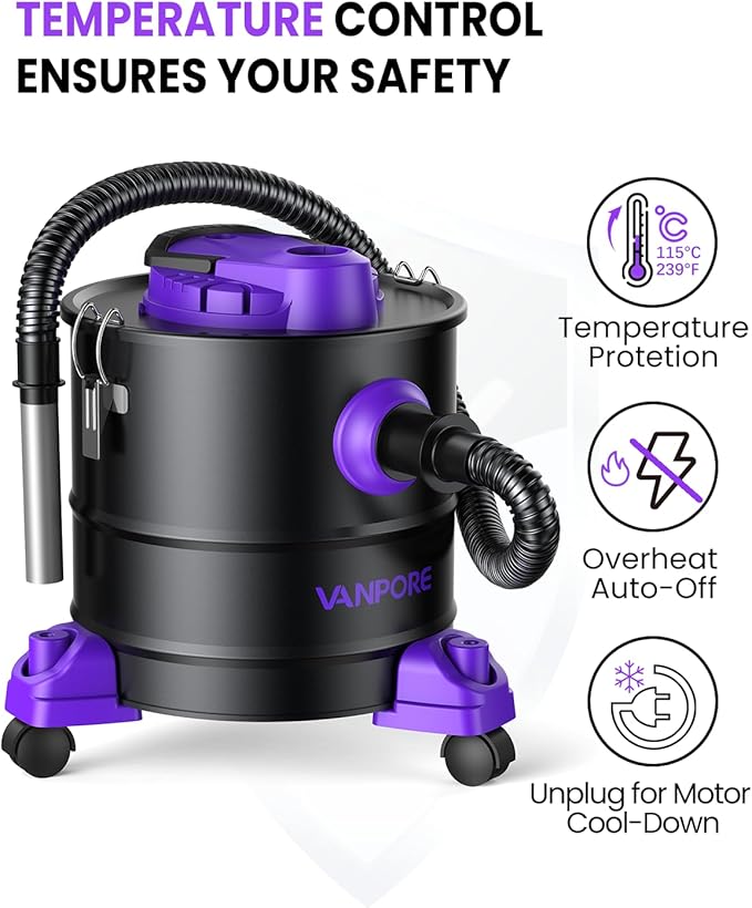 Ash Vacuum for Pellet Stoves: 5.2 Gallon Fireplace Ash Vac with 1200w Powerful Suction & Wheeled Base - Ash Vacuum Cleaner for Fireplaces, Pellet Grill, Wood Stove, Fire Pits