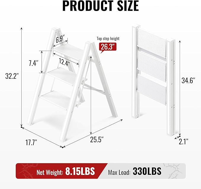 GameGem 3 Step Ladder, Aluminum Folding Step Stool with Anti-Slip Sturdy and Wide Pedal, Lightweight Portable Stepladder for Home and Kitchen Use Space Saving, Cream White, 330 lbs