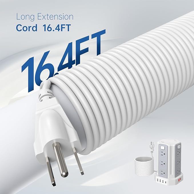 Power Strip Surge Protector, 10 Ft Extension Cord with 12 AC Multiple Outlets 4 USB (1 USB C), SMALLRT Power Tower Desktop Charging Station (White, 16.4 FT)