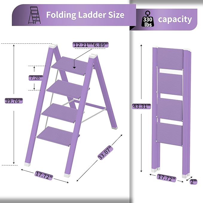 Lightweight Folding Step Ladder Household, Aluminum 4 Step Ladder Foldable for Home, Sturdy Step Stool for Adults 330 Lbs - Purple