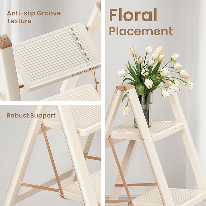 GameGem 4 Step Ladder, 4 Step Stool for Adults, Folding Step Ladder with Secure Footing, Widened Pedal, Aesthetically Pleasing Looking, Blends Right into Domestic Rooms, Cream Chocolate
