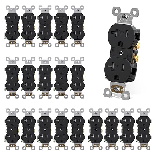 AIDA 20 Amps Outlets Duplex Electrical Receptacle Outlets,Tamper Resistant,Heavy-Duty Receptacle Wall Outlet,Residential,TR,3-Wire, Self-Grounding Clip, NEMA 5-20R,UL Listed (20 Pack, Black