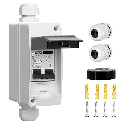 DC Solar Panel Disconnect Switch 40 Amp AC Miniature Circuit Breaker Box 500V 2 Poles with IP65 Waterproof UV-Proof Box for Outdoor Solar PV Homes Battery