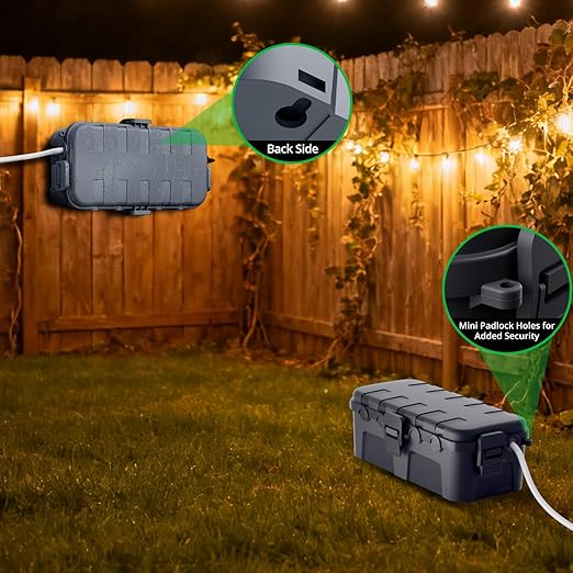 QUOBAS Outdoor Waterproof Electrical Box with 6 Cable Ports, IP54 Weatherproof Heavy-Duty Extension Cord Cover for Power Strips, Garden Power Tools, Holiday Lights, Gray