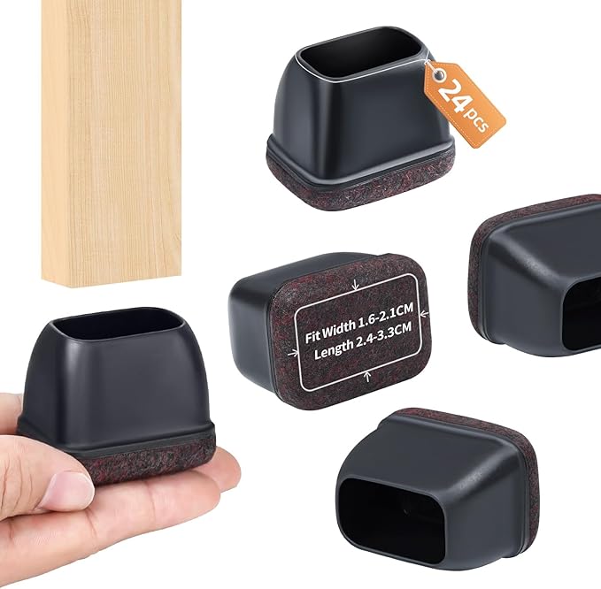 Ezprotekt 24 Pcs Rectangle Felt Chair Leg Floor Protectors for Hardwood Floors, Rectangle Silicone Furniture Pads Caps Covers for Chair Desk Table (Fit W :0.6-0.8", L: 0.9-1.3", Black)