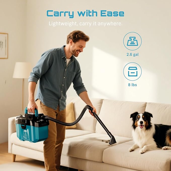Seesii Cordless Shop Vac Wet and Dry, 2.6 Gallon Small Shop Vac with 2 x 4.0Ah Batteries, 3-in-1 Wet Dry Vacuum with HEPA Filter, Strap, Accessories Storage Bag, Ideal for Garage, Car, Workshop, House
