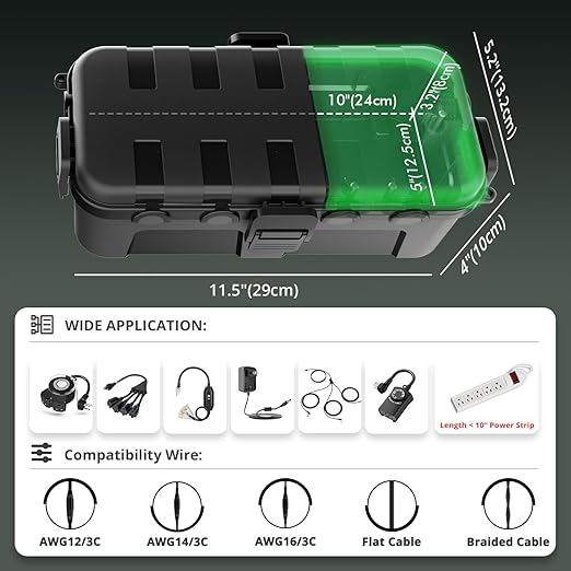 QUOBAS Outdoor Waterproof Electrical Box with 6 Cable Ports, IP54 Weatherproof Heavy-Duty Extension Cord Cover for Power Strips, Garden Power Tools, Holiday Lights, Black