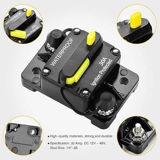 30 Amp Circuit Breaker, Huazu Inline Fuse Inverter with Manual Reset for Car Audio RV ATV Marine Boat Truck Trolling Motors 12V- 48V DC Water Proof (Surface Mount-30A)