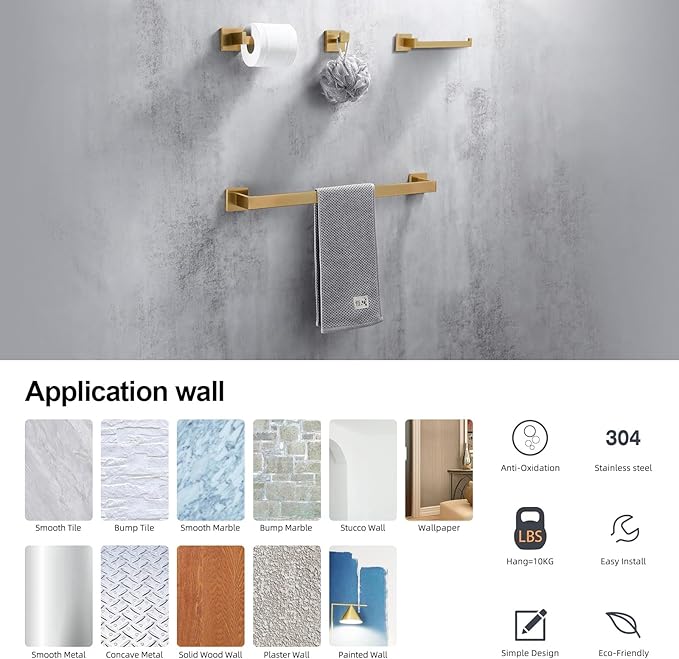 BAGNOLUX Gold Towel Bar, Bathroom Set 4 Pieces, Bath Towel Holder Set SUS304 Stainless Steel, Towel Bar Rack Set for Wall Mounted, Square Bathroom Accessories Set Fixture Heavy Duty, Brushed Brass