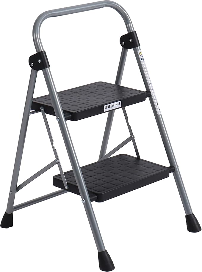 2-Step Ladders Folding Step Stool with Anti Slip Pedal and Handgrip Portable Sturdy Ladder for Home & Office 330 Lbs Silver Grey