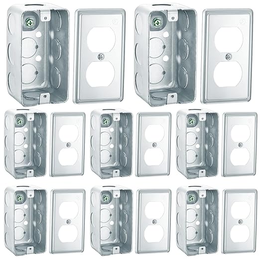 8 Set 4 x 2 Inch Electrical Junction Box with Cover Square Plenum Box Galvanized Steel Metal Outlet Boxes, Ten 1/2'' Knockouts, 1-7/8" Deep, 13 Cu. in. Capacity (Duplex Receptacle Cover)
