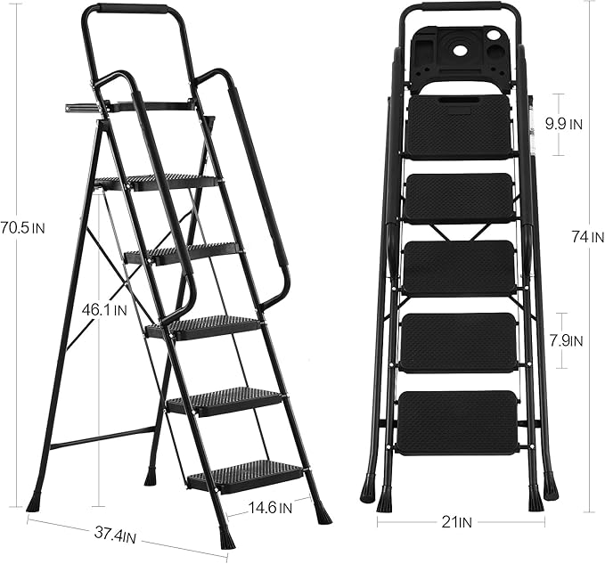 Nazhura Foldable 5 Step Stool Ladder,300 Lb Weight Limit Folding 5 Stepping Ladder for Kitchen, with Wide Anti-Slip Pedal, Sturdy Steel Ladder, Convenient Handrail, Lightweight (5 Step)