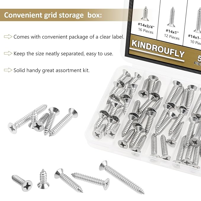54 Pieces #14 x 3/4" 1" 1-1/4" 1-1/2" 2" Phillips Countersunk Head Self-Tapping Screws, Wood Screws Assortment Kit, 304 Stainless Steel