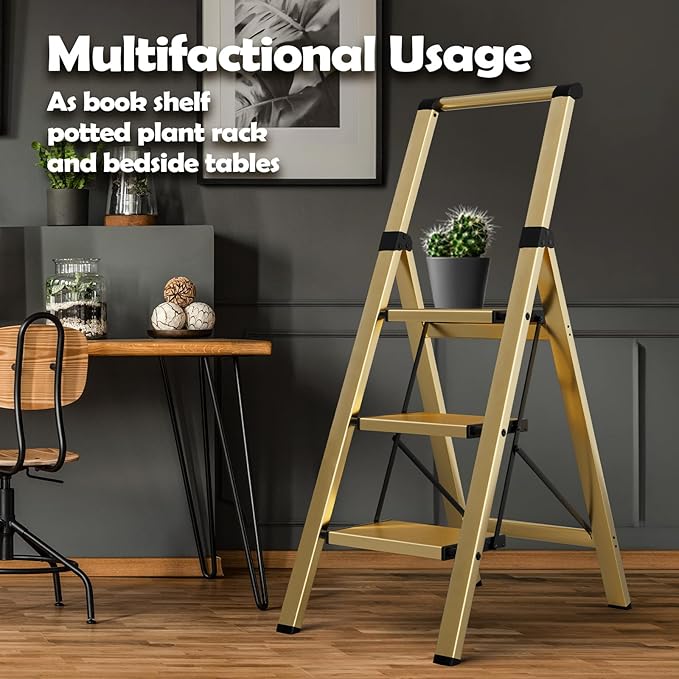 Taranta 3 Step Ladder, Portable Folding Ladder with Wide Pedal, Lightweight Aluminum Step Stool with Convenient Handgrip, 330 lbs Capacity Stepladder for Home, Office - Gold