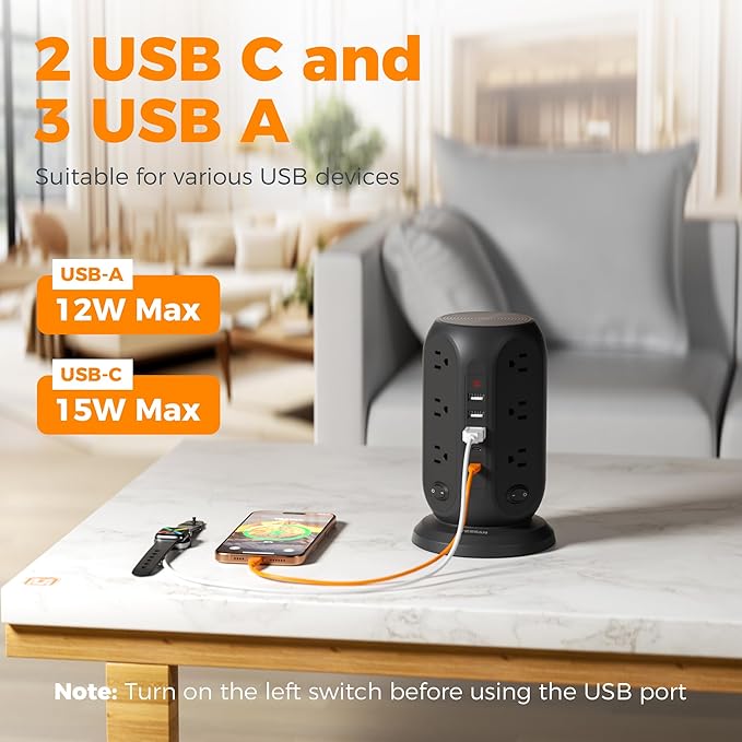 Black Surge Protector Power Strip with 4 Individual Switches, TESSAN USB C Charging Station Power Tower with Flat Extension Cord 10 Ft, 12 Outlets Black Extension Cord, Dorm Room, Office Accessories