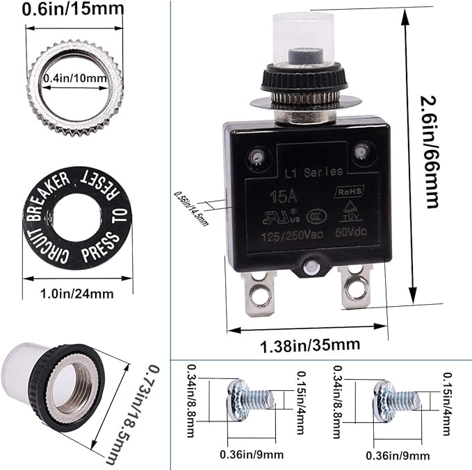 mxuteuk 2Pcs 30Amp Circuit Breakers Push Button Manual Reset 125/250V AC 50V DC, L1 Series Overload Protector Switch Thermal Circuit Breakers with Waterproof Button Caps L1-ls-30A