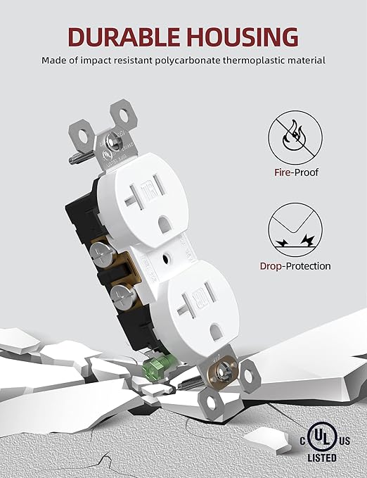 AIDA 20 Amp Outlet Duplex Electrical Receptacle Outlets,Power Outlet,Tamper Resistant,Heavy-Duty Receptacle Wall Outlet,Residential,2Pole,3-Wire, Self-Grounding Clip, NEMA 5-20R,UL Listed 10 Pack