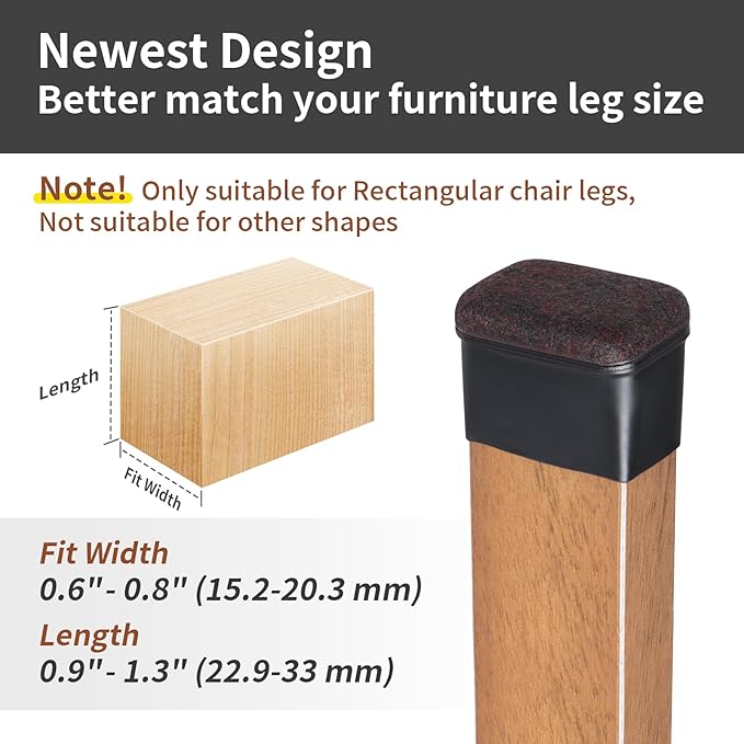 Ezprotekt 16 Pcs Rectangle Black Felt Chair Leg Floor Protectors for Hardwood Floors, Rectangle Silicone Felt Furniture Pads Caps, Table Leg Covers Cups Anti- Scratches (Fit W:0.6-0.8", L:0.9-1.3")
