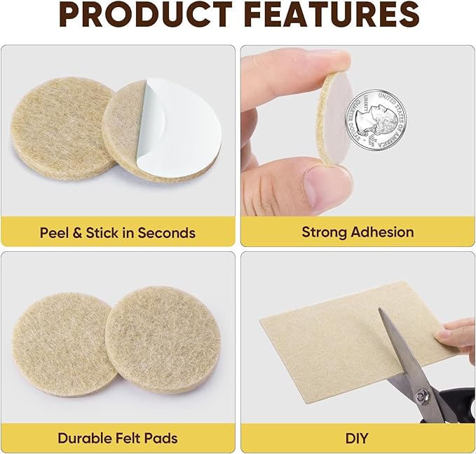 BALEINE 300PCS Felt Furniture Pads, Multi-Size Felt Pads for Chair Legs, Tables, Beds, Scratch-Reducing Floor Protectors for Hardwood Floors, Tile, Vinyl, and Laminate (300PCS, Beige)