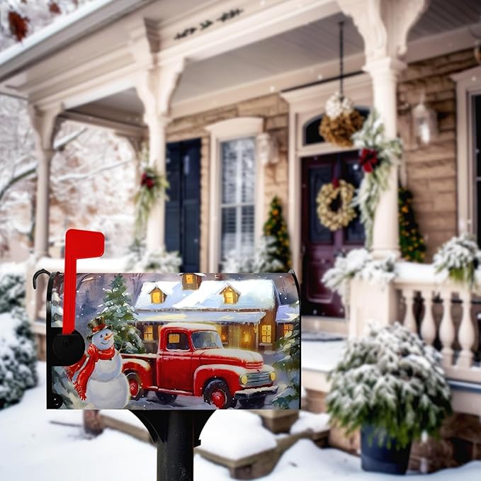 Winter Snowman Mailbox Covers Magnetic Standard Size Merry Christmas Truck Mailbox Cover Holiday Christmas Tree Snowflake Mailbox Wraps Post Cover Decor Waterproof 21 X18 Inch