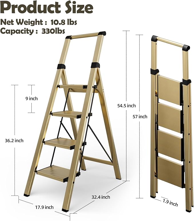 Taranta 4 Step Ladder, Portable Folding Ladder with Wide Pedal, Lightweight Aluminum Step Stool with Convenient Handgrip, 330 lbs Capacity Stepladder for Home, Office - Gold