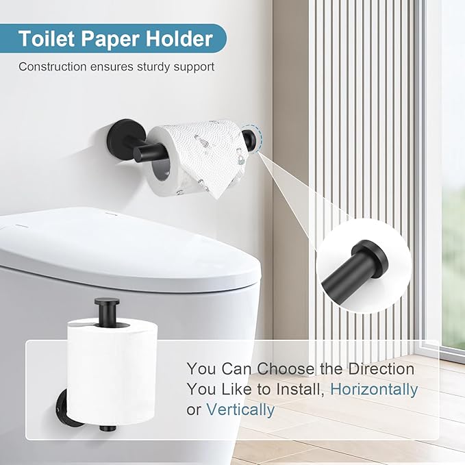 TQKAG Matte Black Bathroom Hardware Set 5 Pieces, SUS304 Stainless Steel Towel Bar Set Round Bathroom Towel Rack Set Wall Mounted