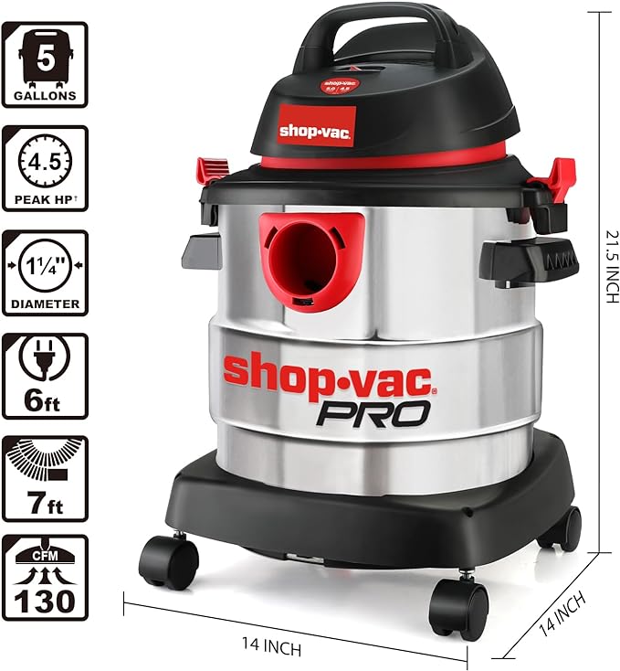 Shop-Vac 5 Gallon 4.5 Peak HP Wet/Dry Vacuum, Stainless Steel Tank, Portable Shop Vacuum with Attachments for Jobsite, Garage & Workshop. 5989300